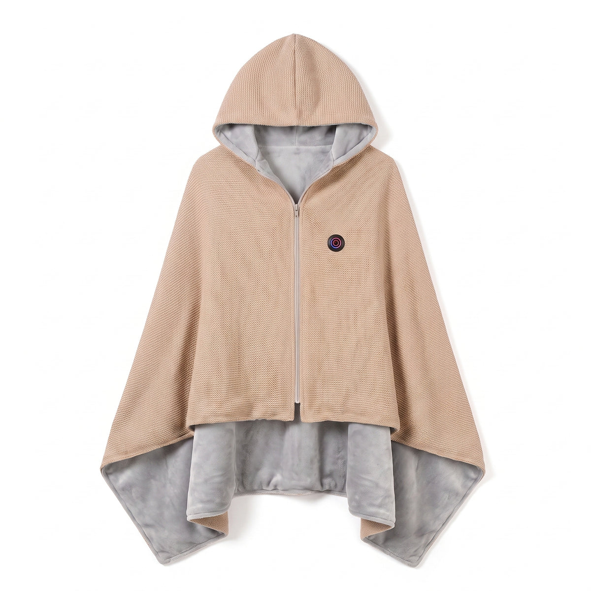 Wearable Heated Blanket with Supportive Hooded Poncho and Zipper Closure - Khaki