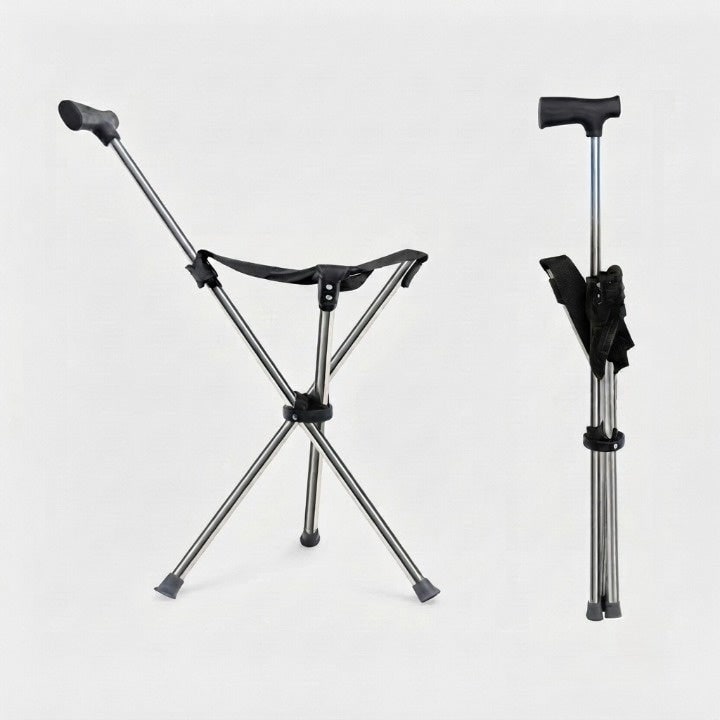 Walking Cane With Seat Folding Portable Tripod Stool Stainless Steel Silver Black - Image 1