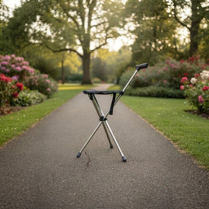Walking Cane With Seat Folding Portable Tripod Stool Stainless Steel Silver Black - Image 6