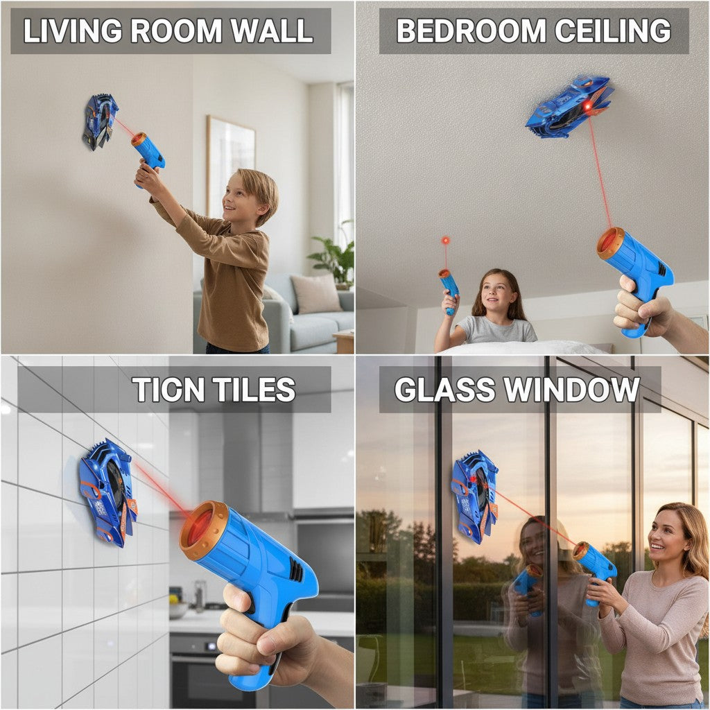 wall climbing rc car shown in multiple settings