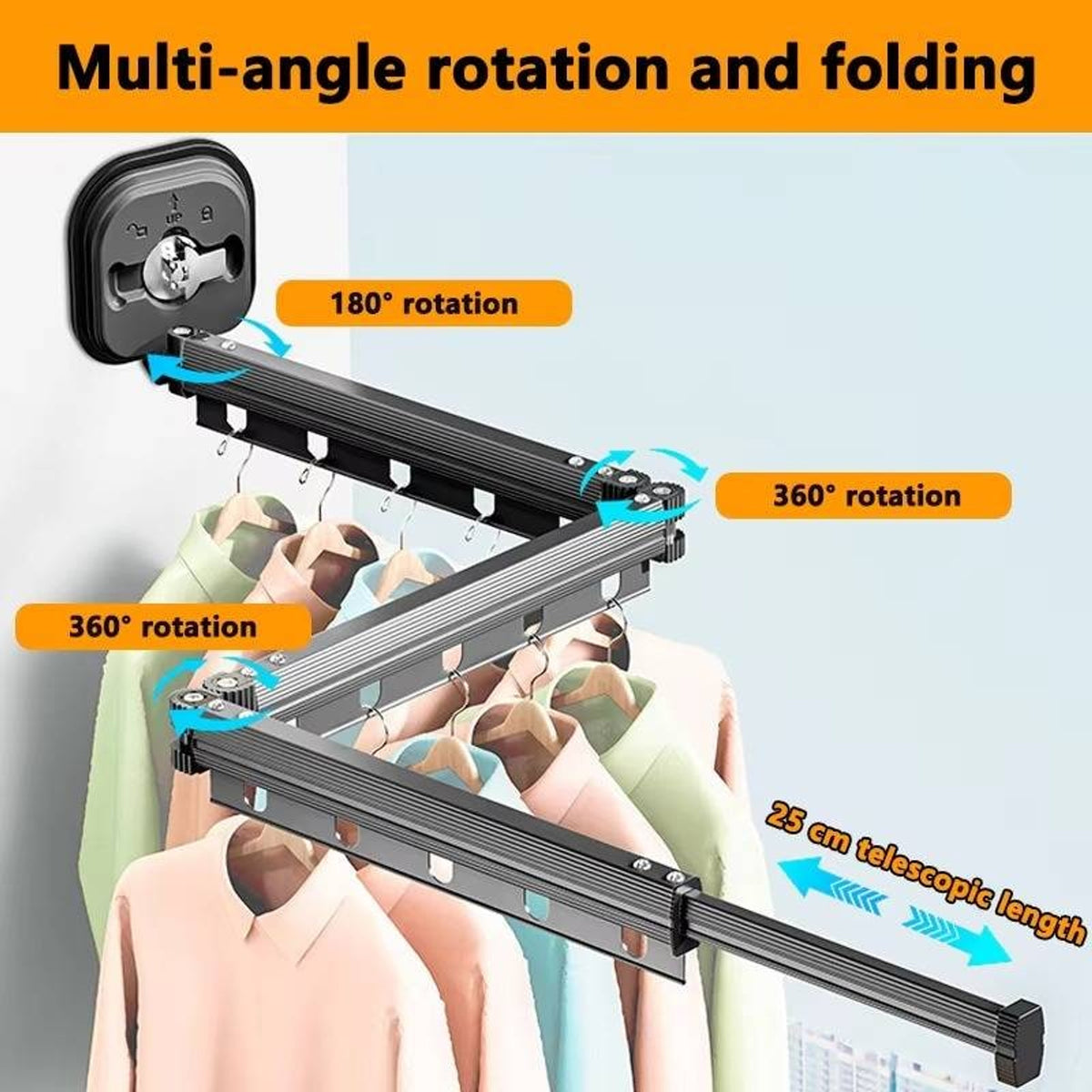 Wall Mounted Clothes Drying Rack Cloth Telescopic 540° Folding Space-Saving Design - Image 3
