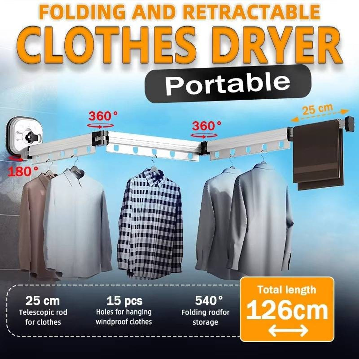 Wall Mounted Clothes Drying Rack Cloth Telescopic 540° Folding Space-Saving Design - Image 7