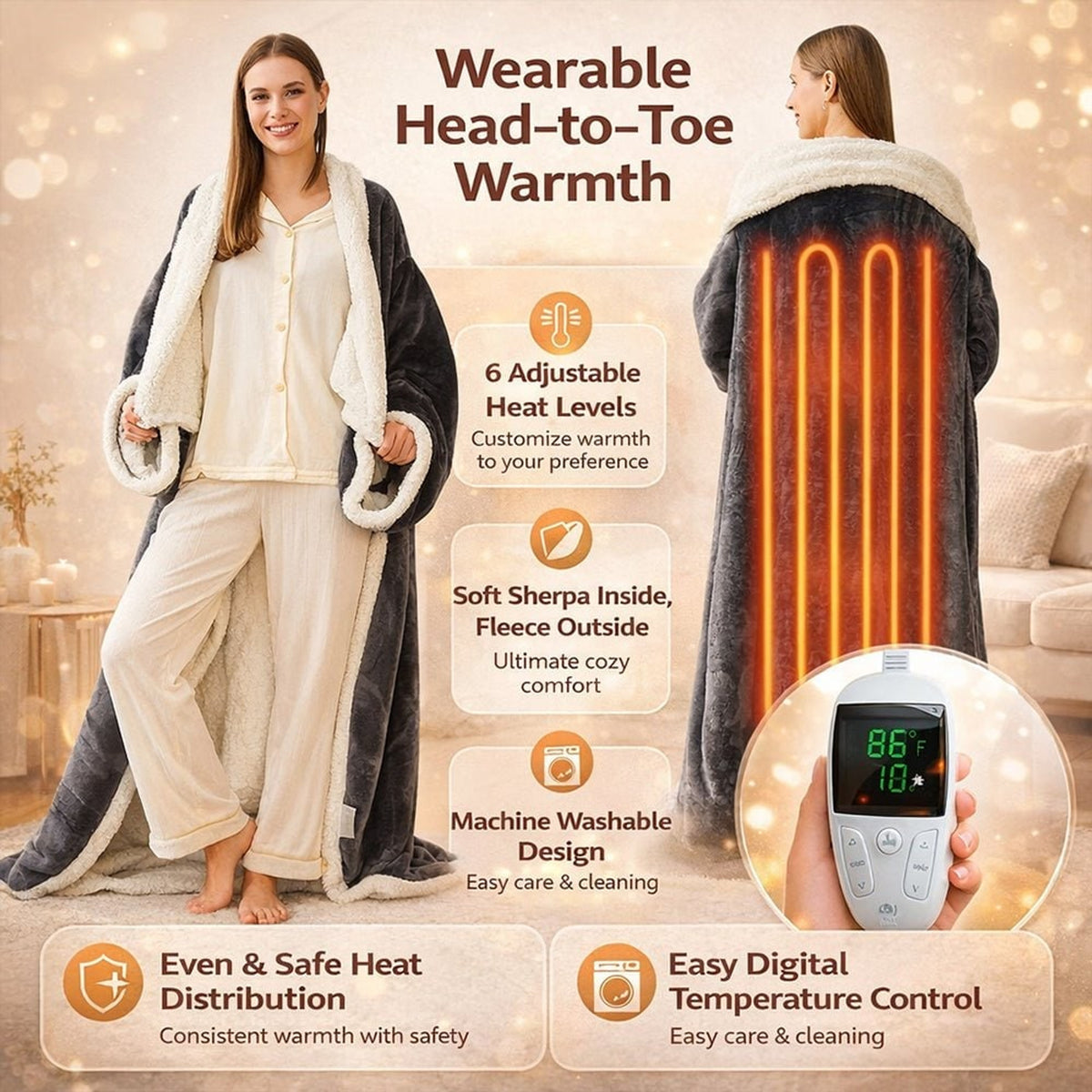 Wearable Heated Blanket Electric With Sleeves And Foot Pocket Sherpa Fleece Throw - Image 2
