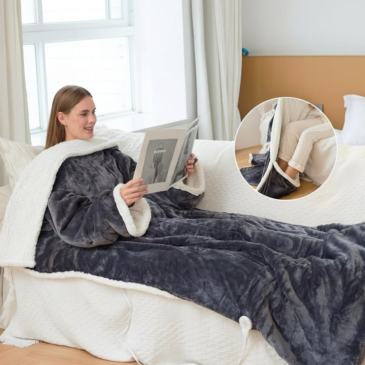 Wearable Heated Blanket Electric With Sleeves And Foot Pocket Sherpa Fleece Throw - Image 3