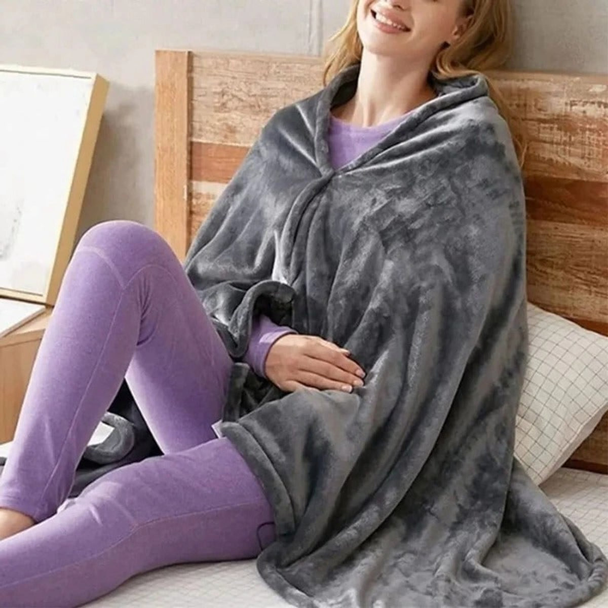 Wearable Heated Blanket Hooded Plush Soft Fabric With Snap Buttons - Image 1