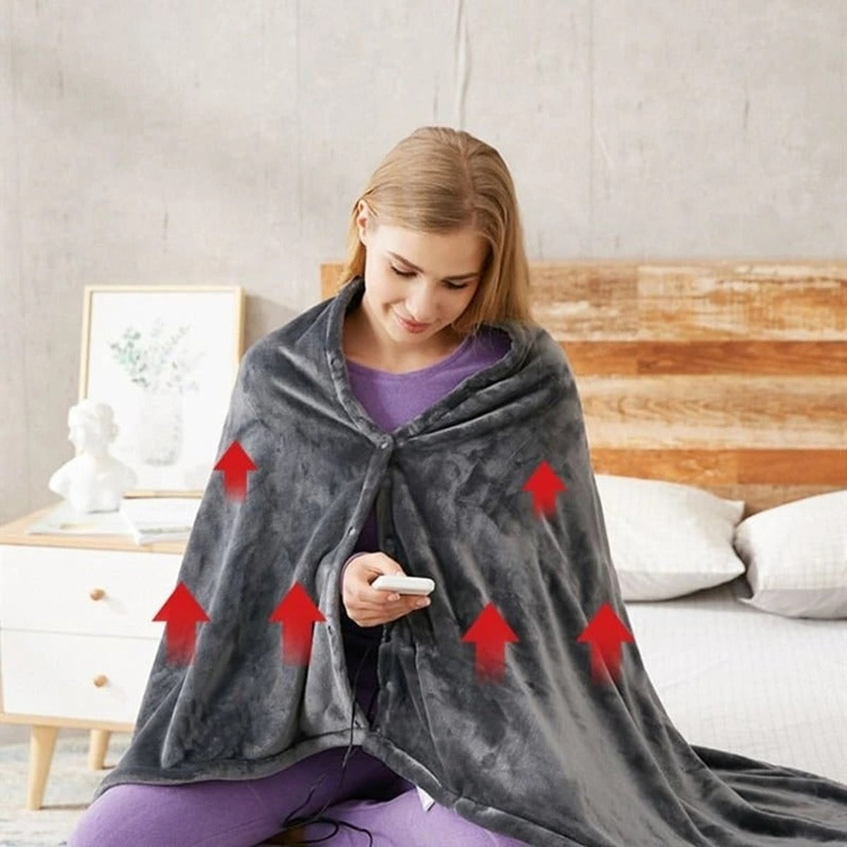 Wearable Heated Blanket Hooded Plush Soft Fabric With Snap Buttons - Image 2
