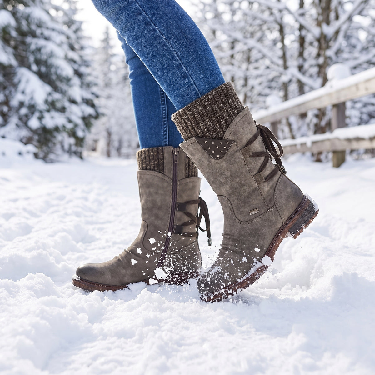 Women's Winter Boots Mid-Calf Knitted Cuff Side Zipper - in-use