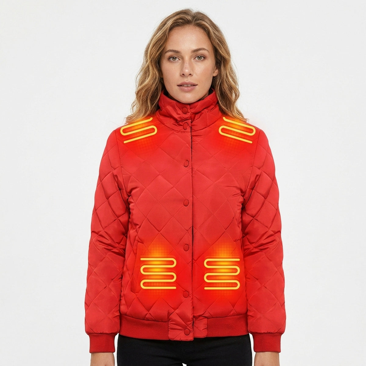 Women's Heated Winter Jacket Electric Quilted Bomber With 8 Heating Zones Stand Collar & Snap Buttons - Image 1