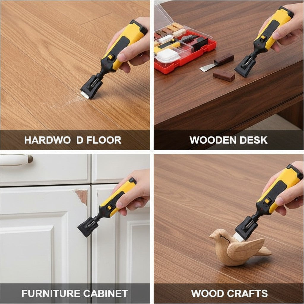 wood repair wax kit shown in multiple settings