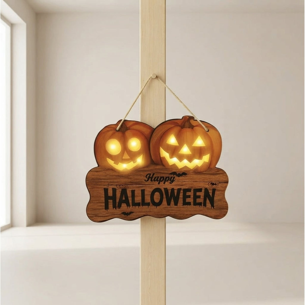 Wooden Halloween Sign With Integrated Glowing Pumpkins Hanging Rustic Halloween Decoration For Porch And Home Perfect Halloween Decor - Image 1