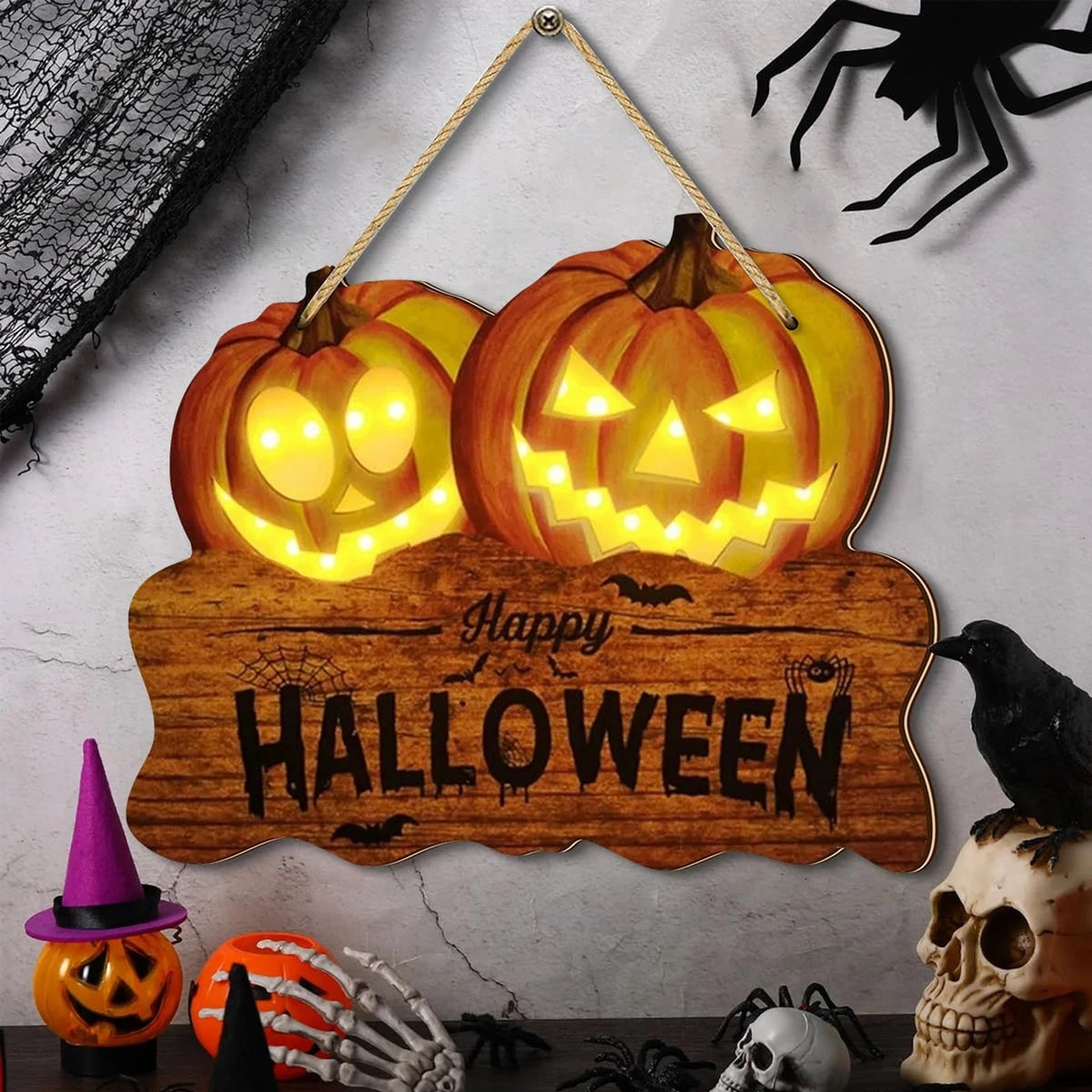 Wooden Halloween Sign With Integrated Glowing Pumpkins Hanging Rustic Halloween Decoration For Porch And Home Perfect Halloween Decor - Image 3