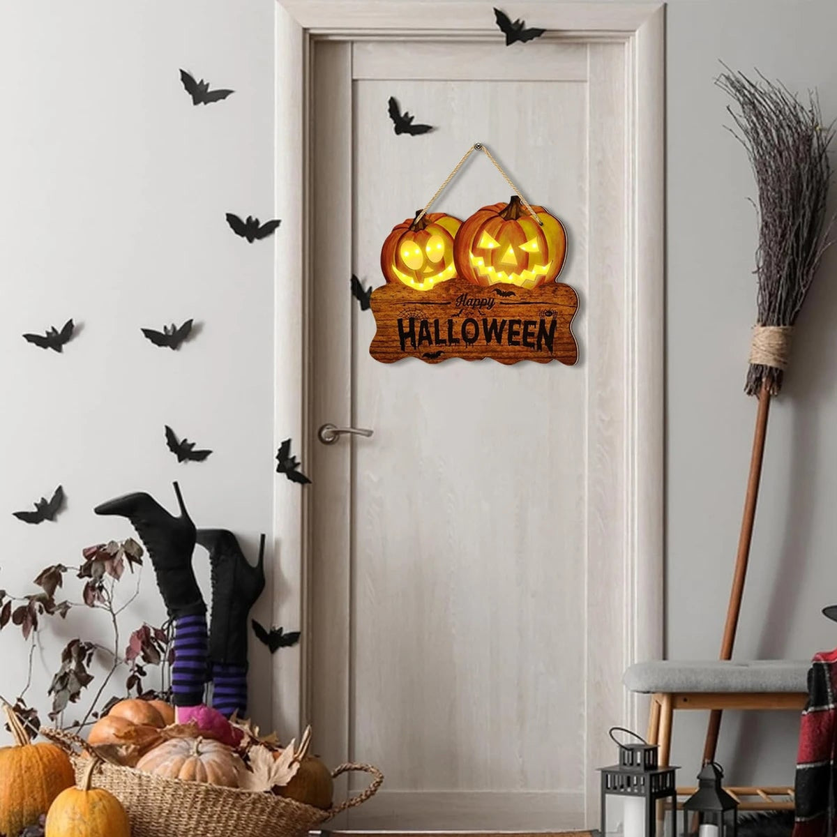 Wooden Halloween Sign With Integrated Glowing Pumpkins Hanging Rustic Halloween Decoration For Porch And Home Perfect Halloween Decor - Image 5